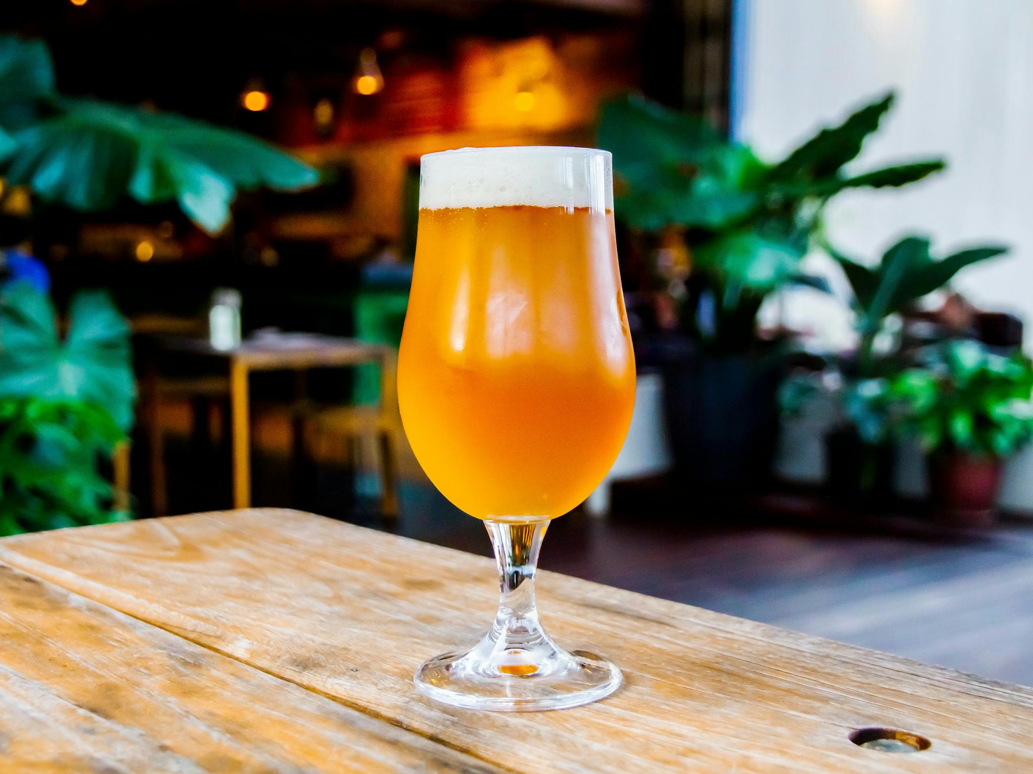 A beer in glass sitting on a table on the deck of Common People Brewing.