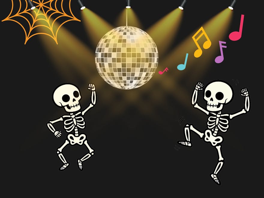 Spooky skeletons dancing at halloween disco
