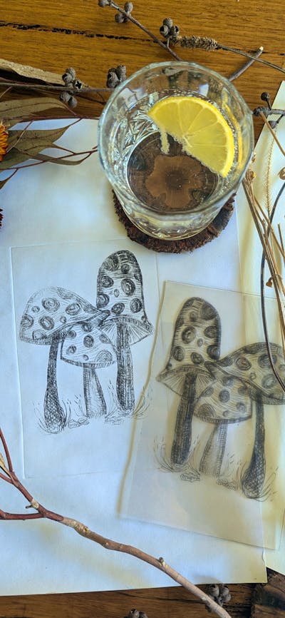 Print of mushrooms with the etching plate and gin and tonic