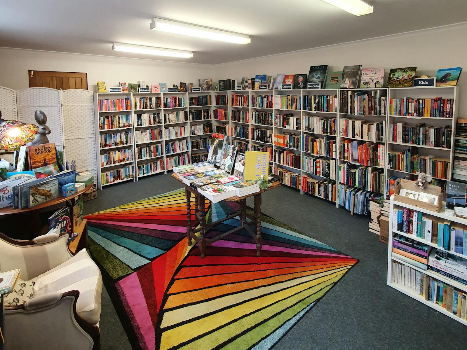 A photo of a room with a colourful rug, bookshops on the walls and a table covered with books
