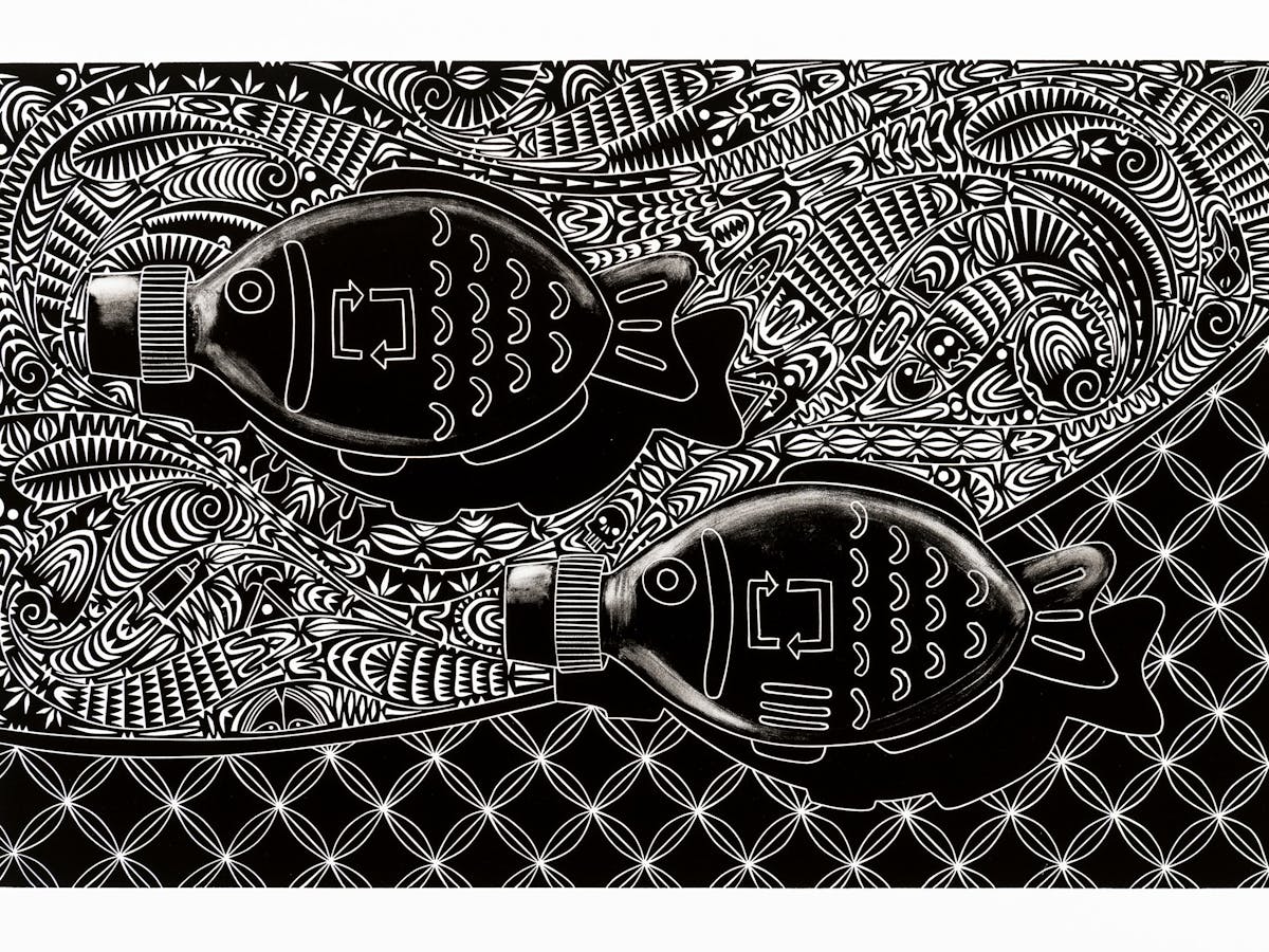 A black and white artwork by Brian Robinson of two soy sauce fish on a patterned background