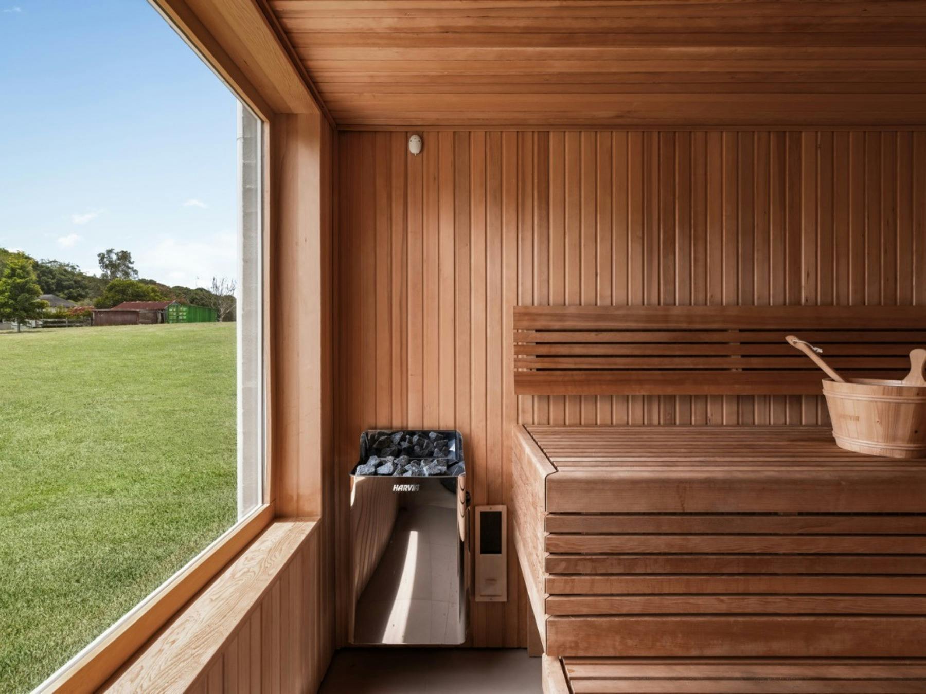 Timber sauna with countryside views at Stonehaven Estate in the Byron Bay Hinterland