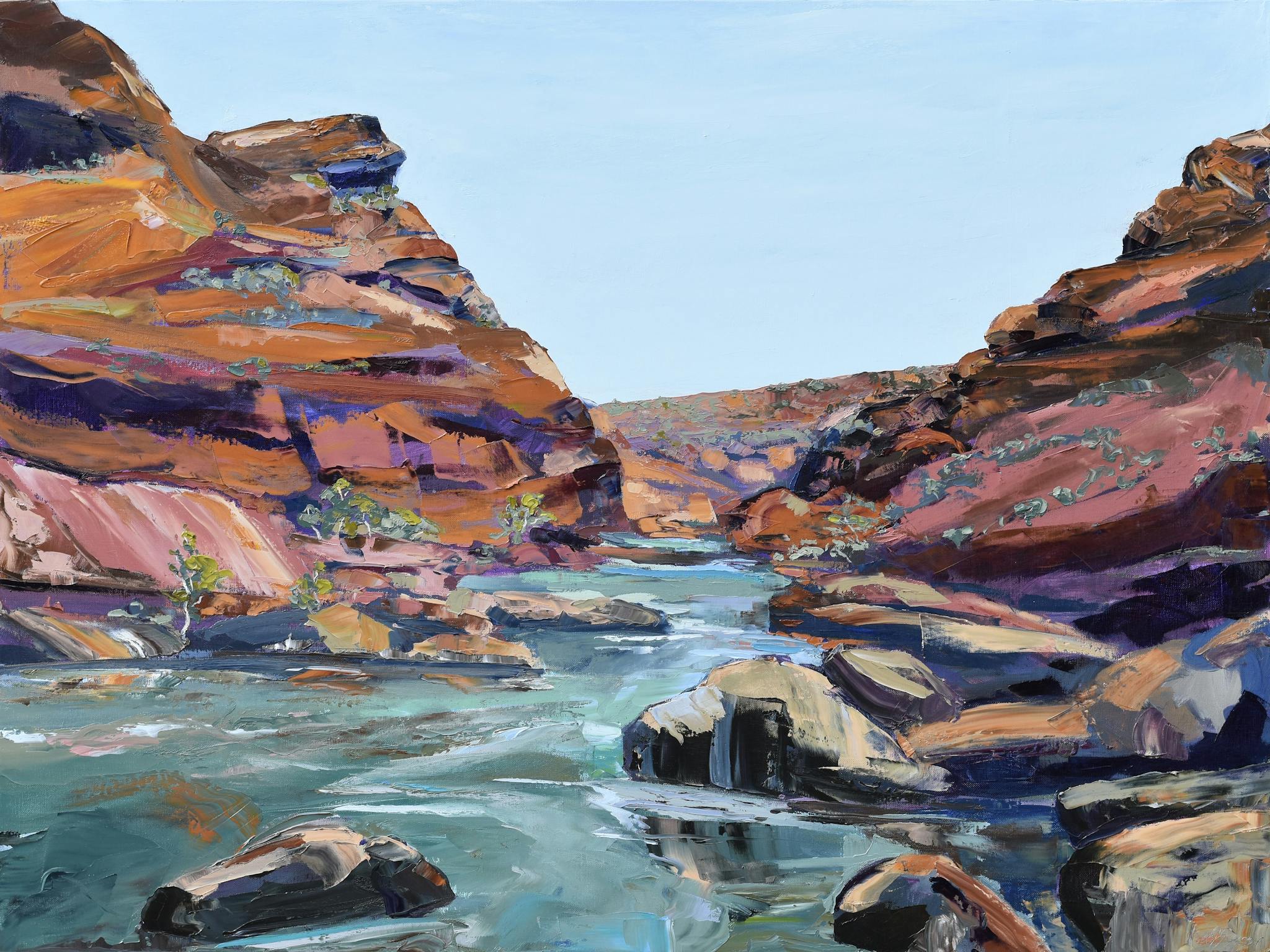 an oil painting of the Murchsison River Gorge, WA by Wendy Jagger. Red cliffs, rocks turquoise river