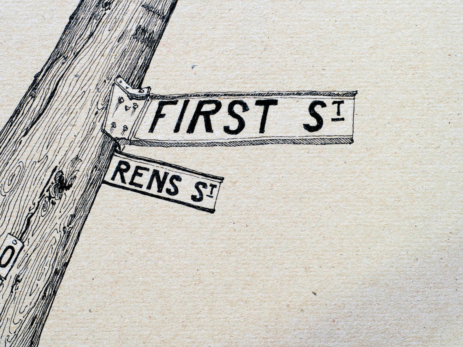 Black and white artwork showing a street sign reading 'first st' and a sign reading 'rens st'