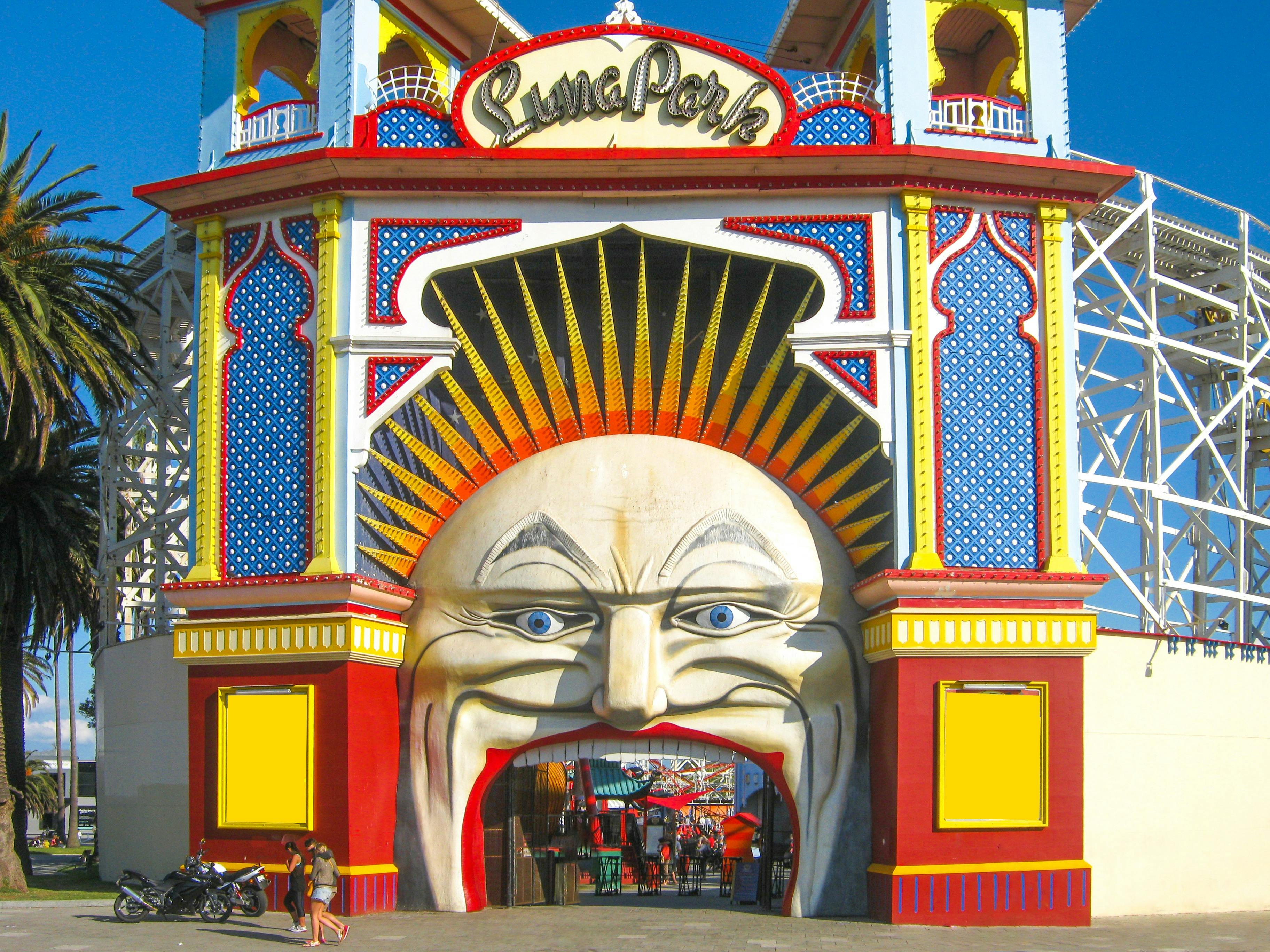 Brightly coloured Luna Park entry through large painted mouth