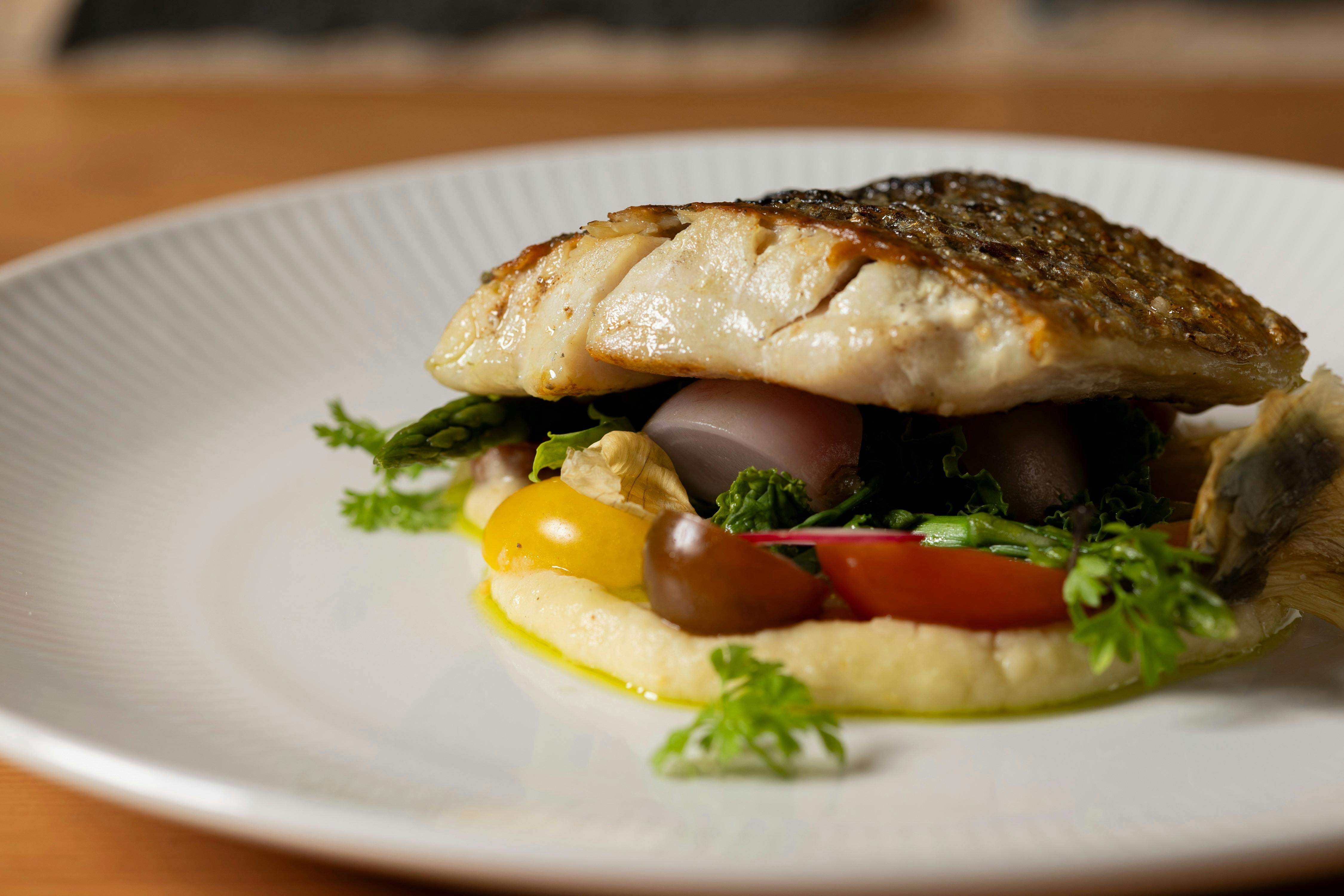 Pan-Fried Mulloway (GF) Butter bean hummus and sauce vierge