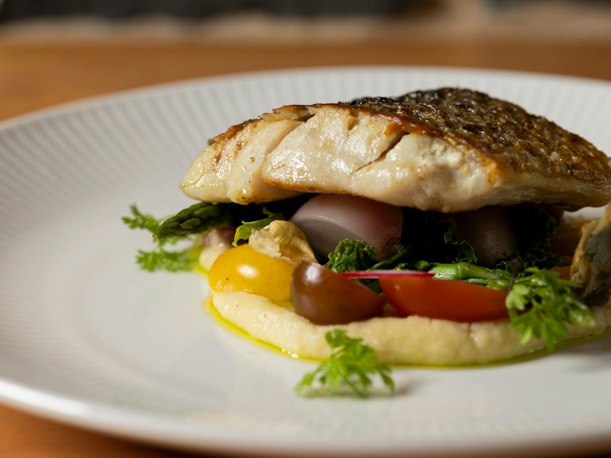 Pan-Fried Mulloway (GF) Butter bean hummus and sauce vierge
