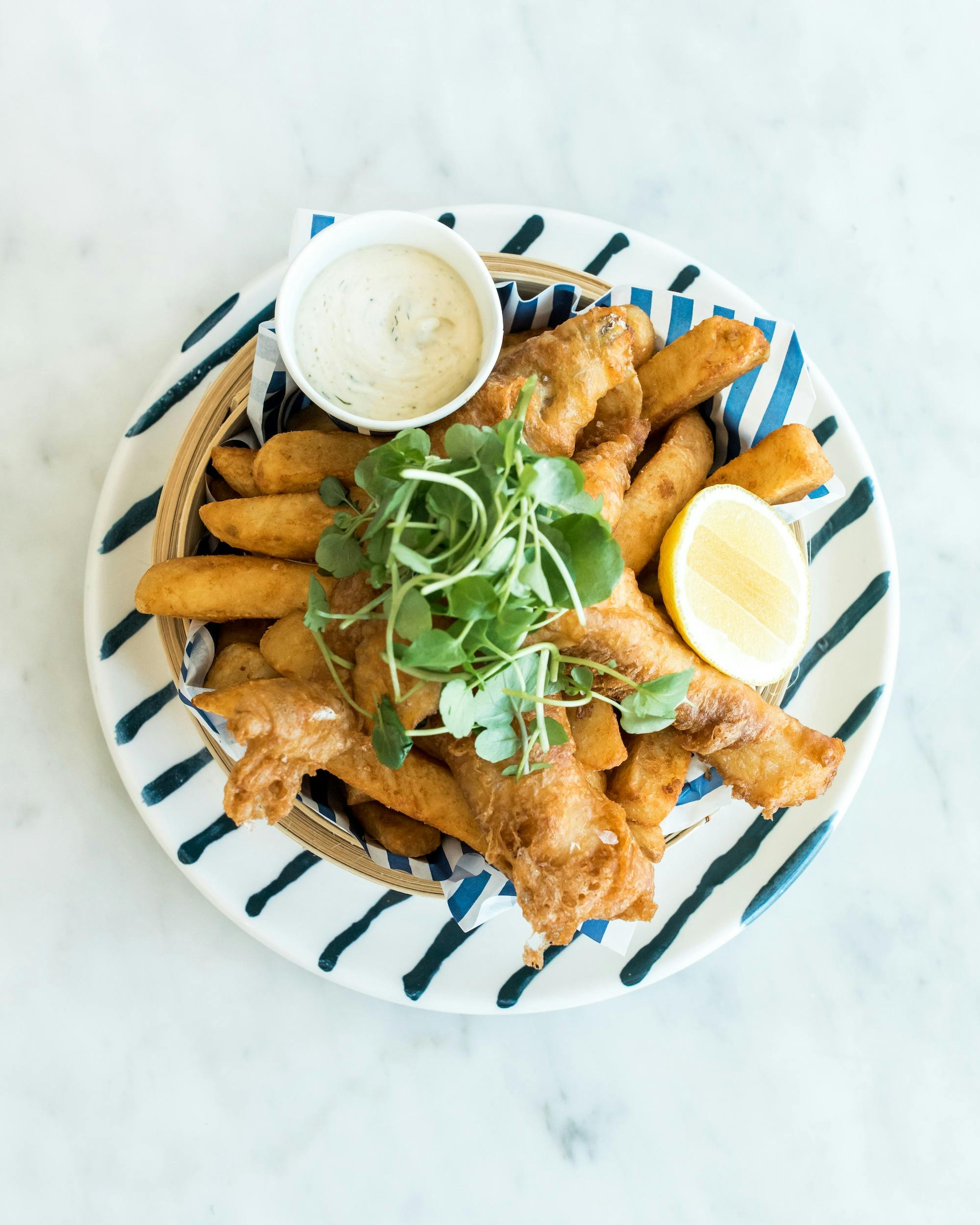 Beer Battered Flathead + Chips, at The Boathouse.
