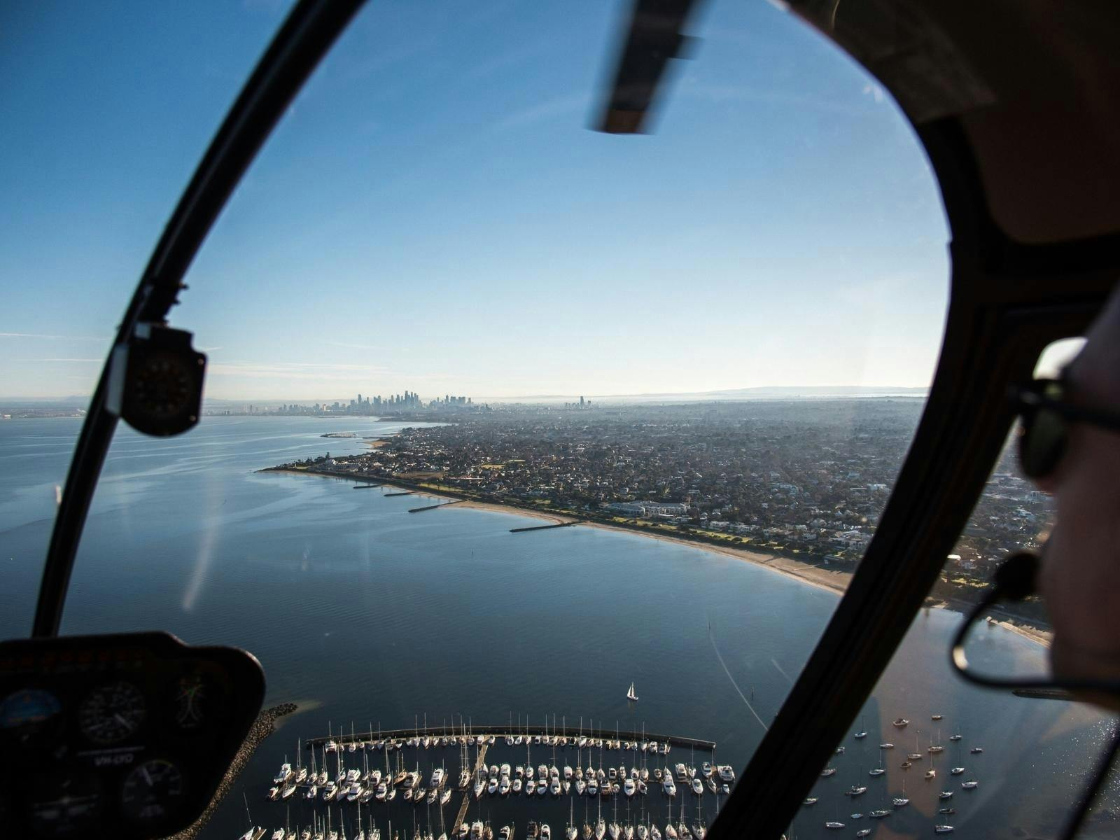 Sandringham Marina from inside the helicopter cockpit
