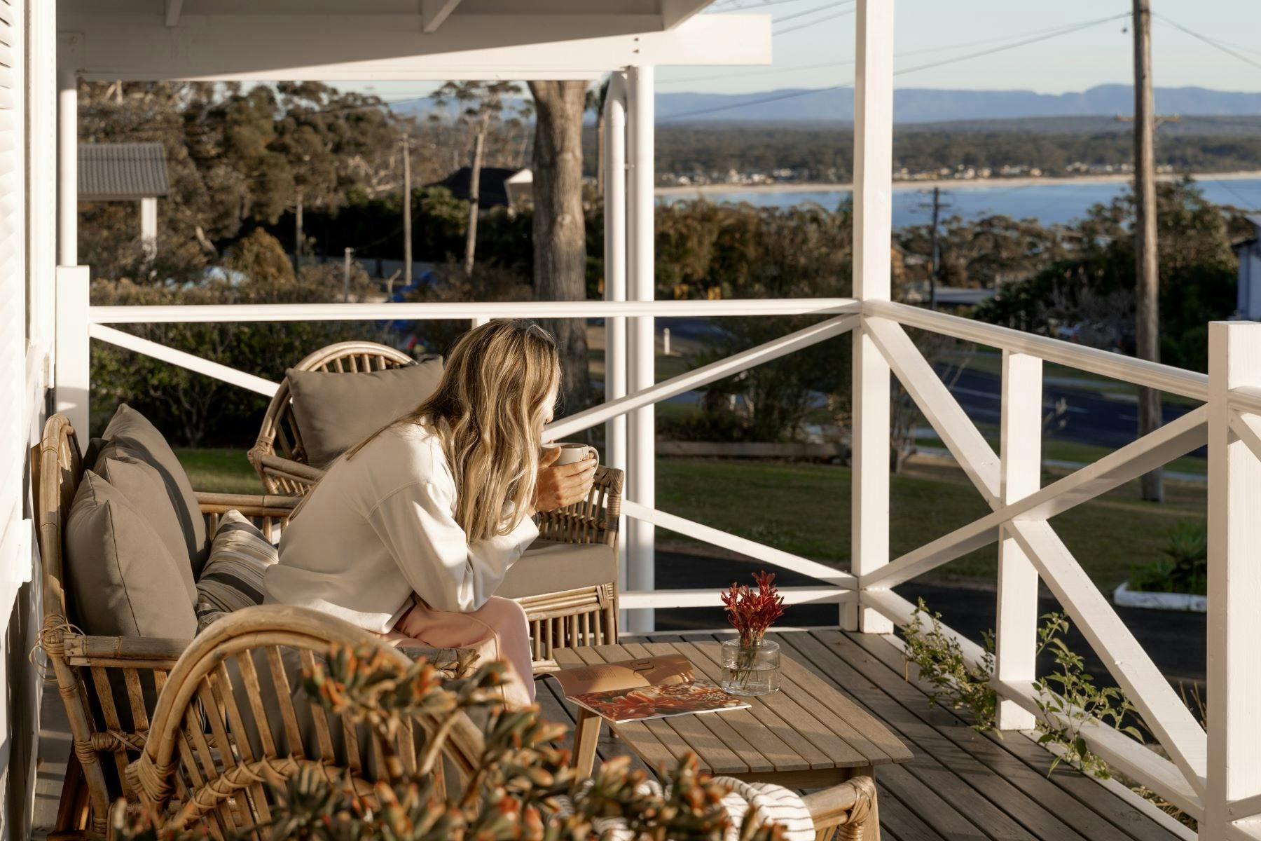 Image of front deck. Views of Jervis Bay in the background.