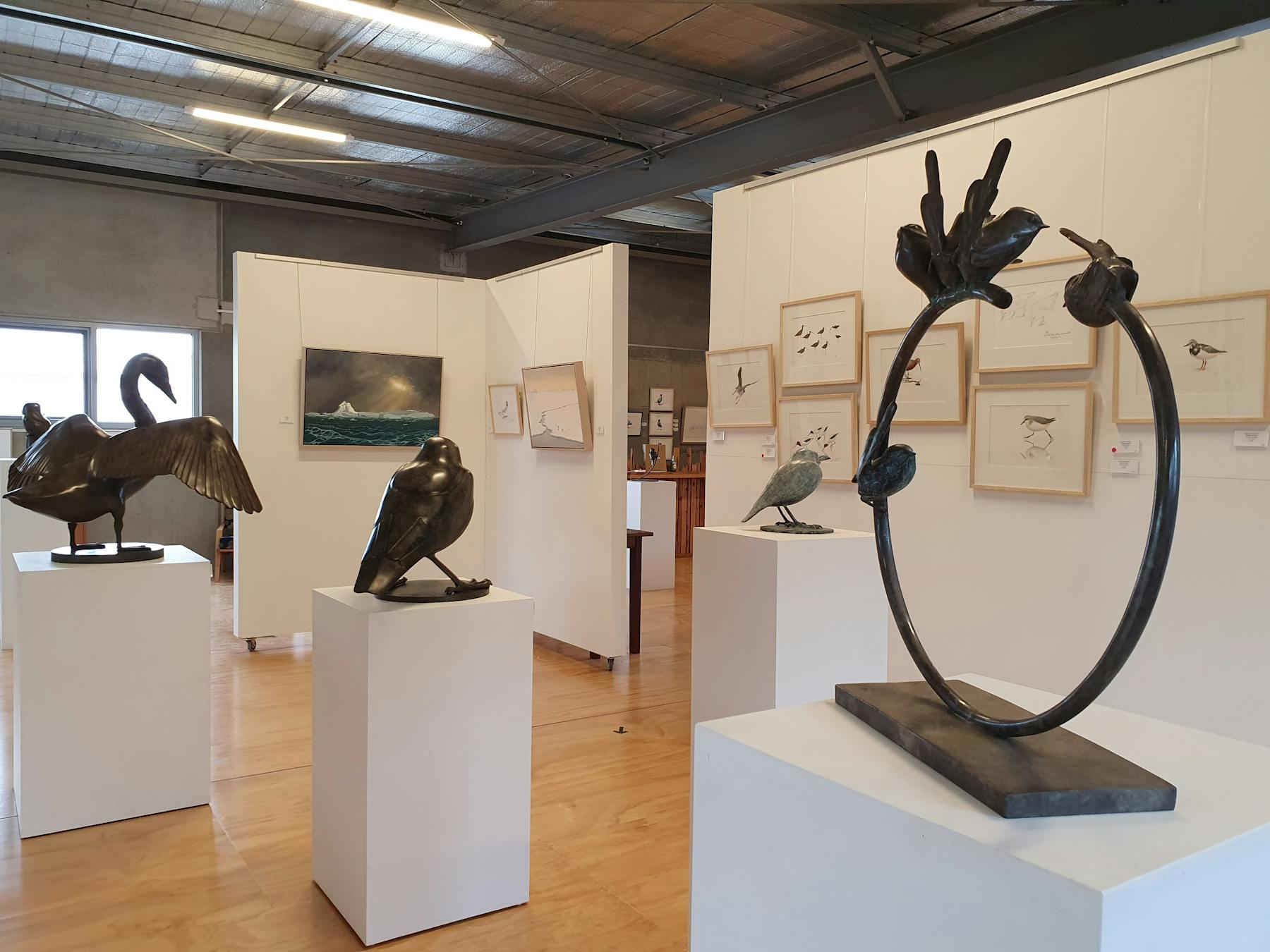 Image of bird paintings in oil & gouache and bronze bird sculpture