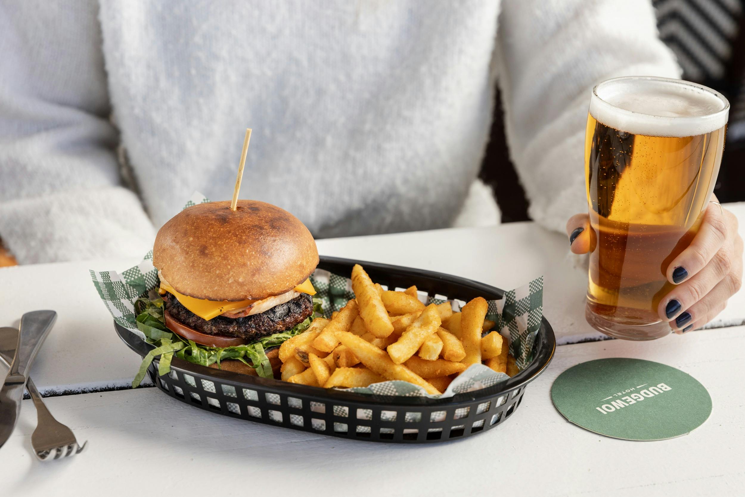 Burger and chips at Budgewoi Hotel