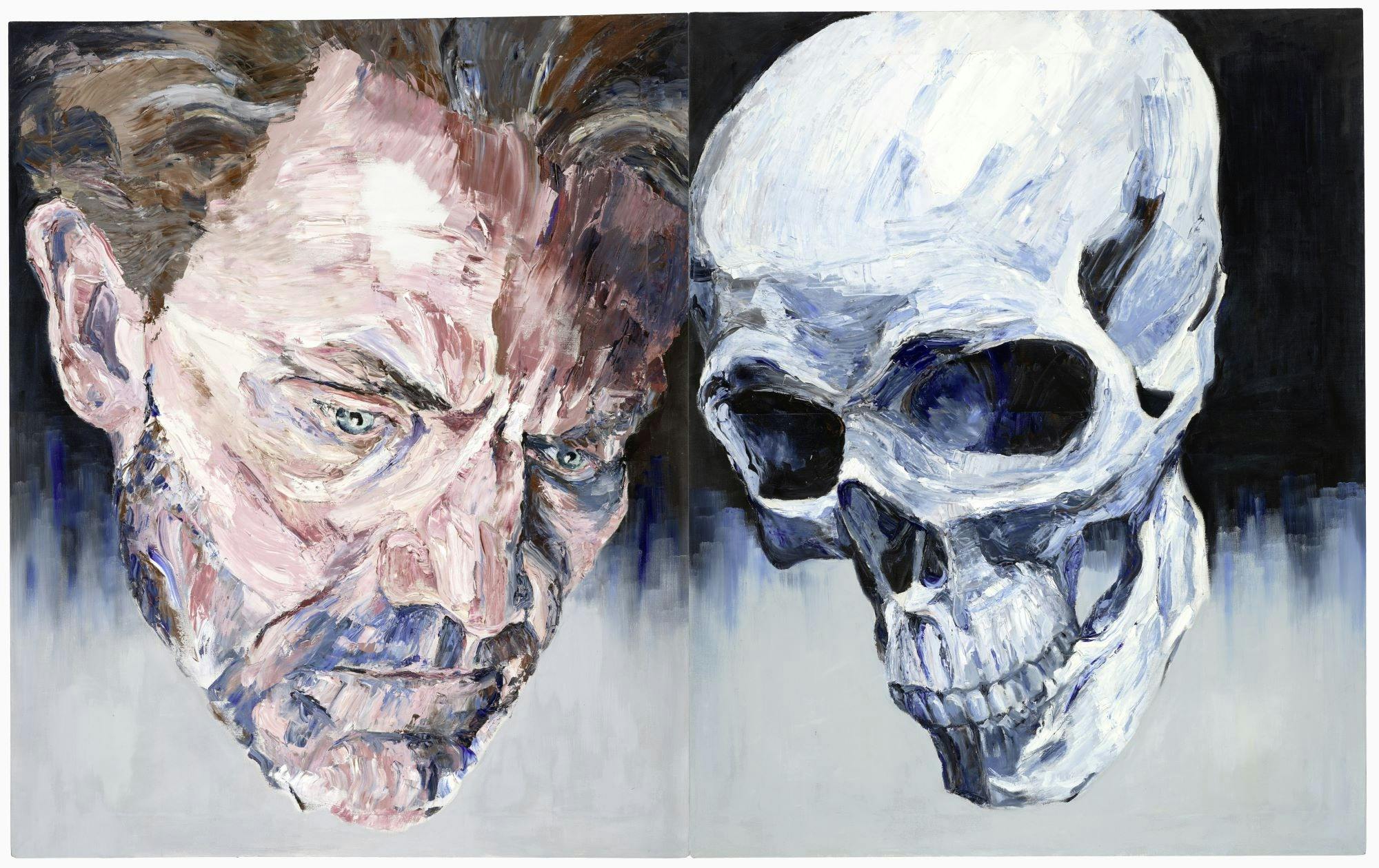 head of a man looking into the centre along with a skull on the opposite side