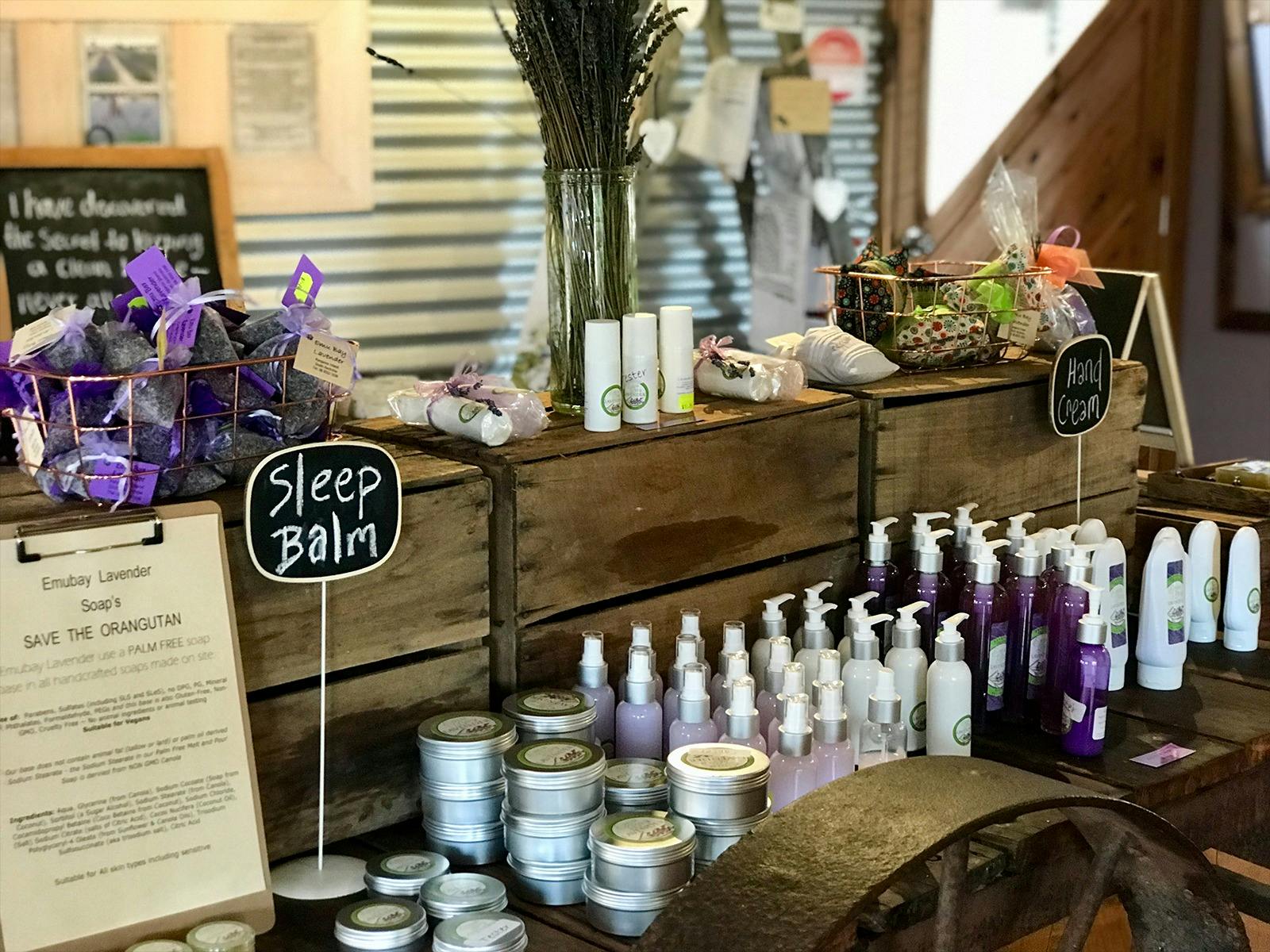 A selection of lavender products in a farm shop