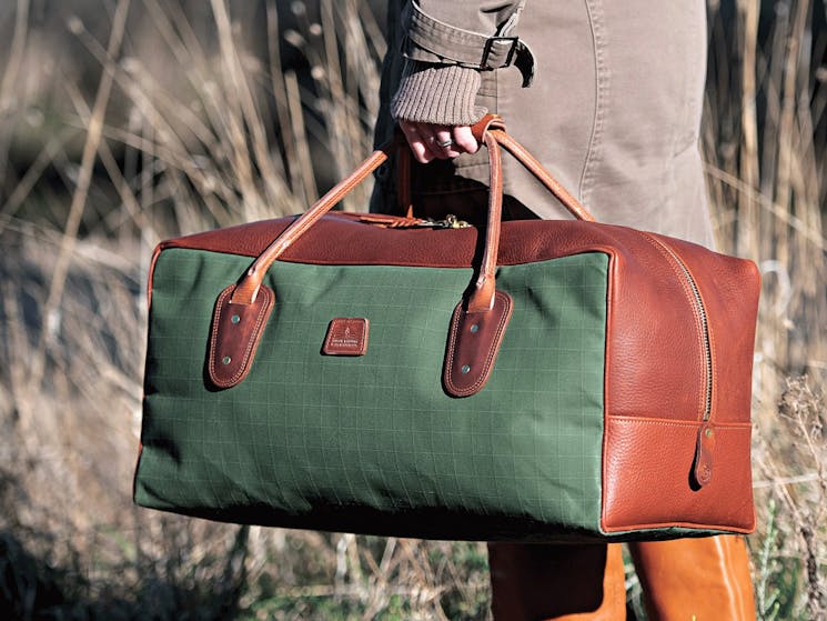 Green Canvas Gear Bag with Tan Leather Trim
