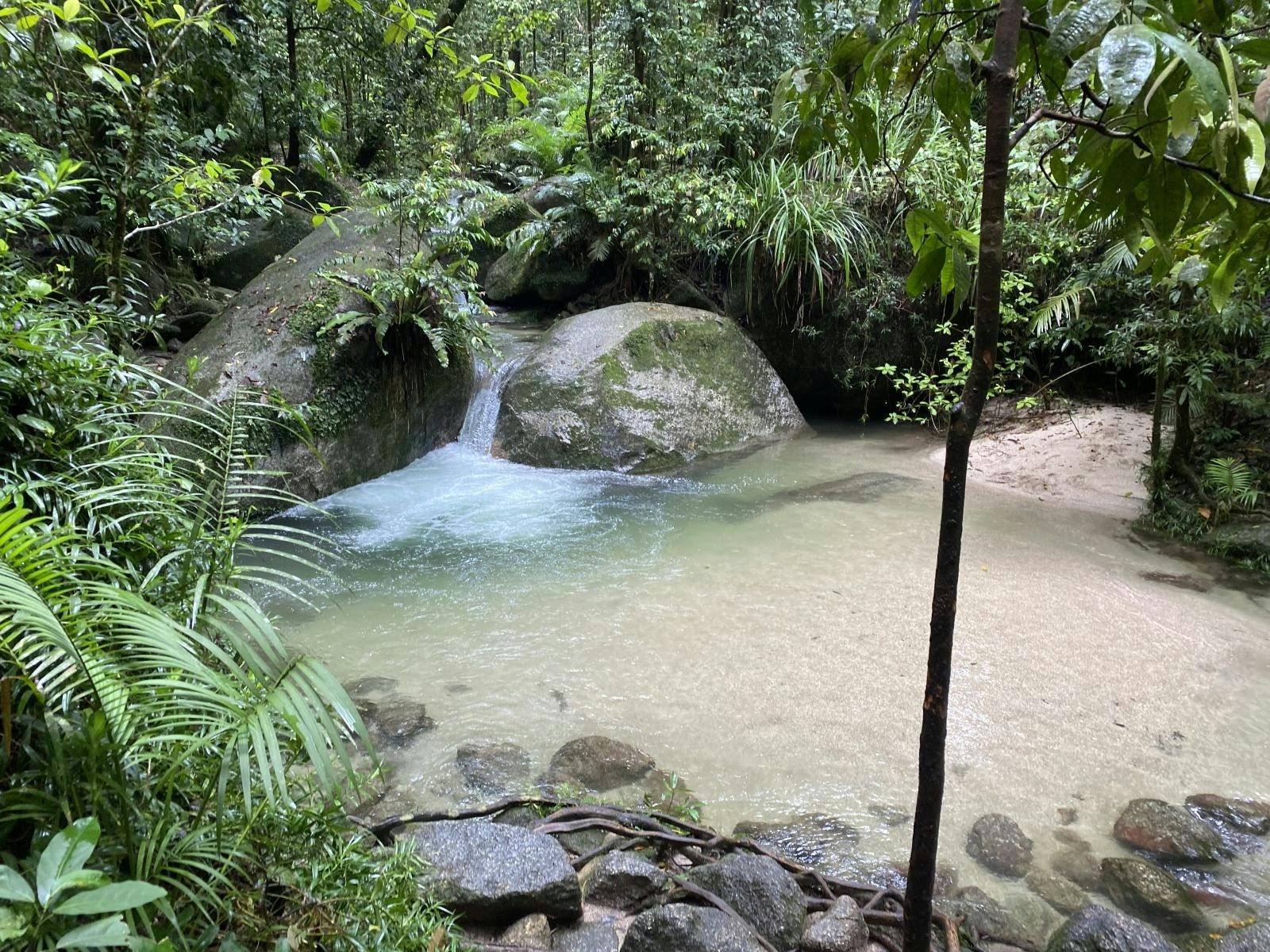 Small swimming hole located on a walk with sandy bottom and small boulders with rainforest surround Small swimming hole located on a walk with sandy bottom and small boulders with rainforest surround