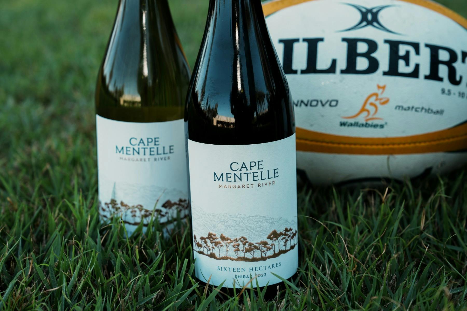 Two wine bottles from Cape Mentelle in front of a green and gold rugby ball