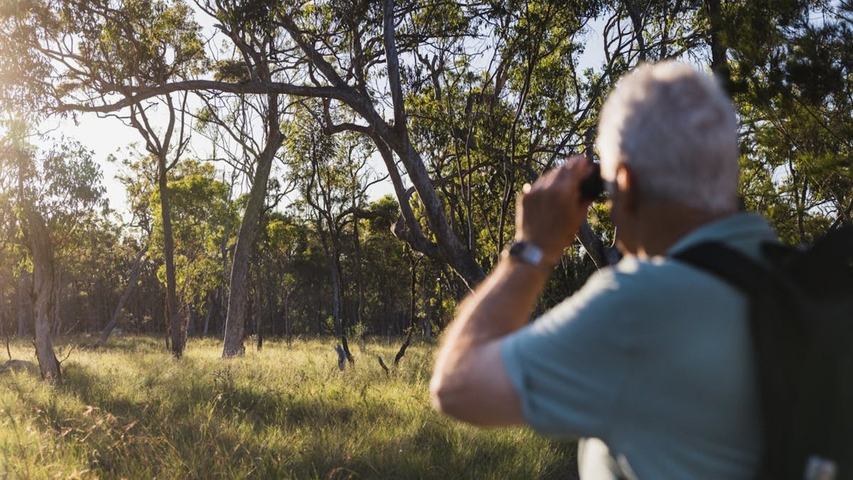 A man bird watching  taking photos of scenic parklands at Redlands Track Park, Redlands Coast, QLD.