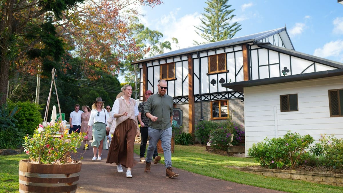 guests walking in front of winery