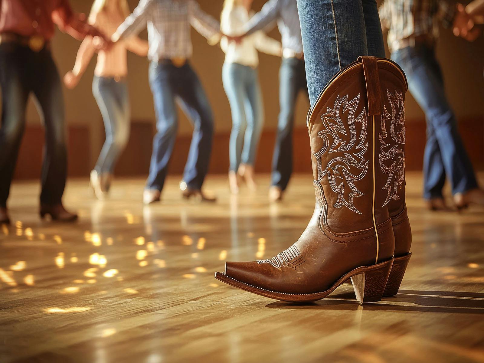 Person wearing cowboy boots with people in the background line dancing