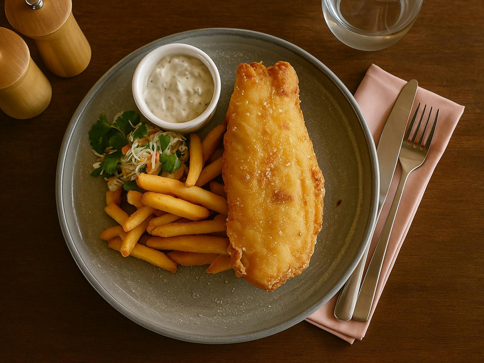 Pub‑favourite fish and chips with lemon and tartare Pub‑favourite fish and chips with lemon and tartare