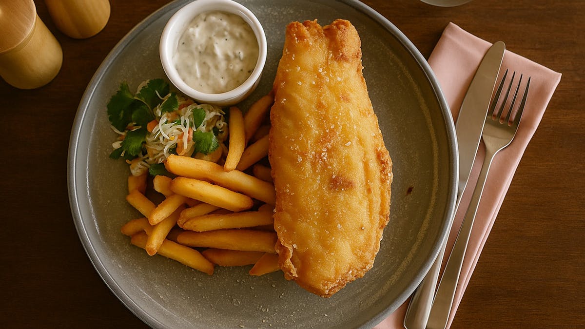 Pub‑favourite fish and chips with lemon and tartare