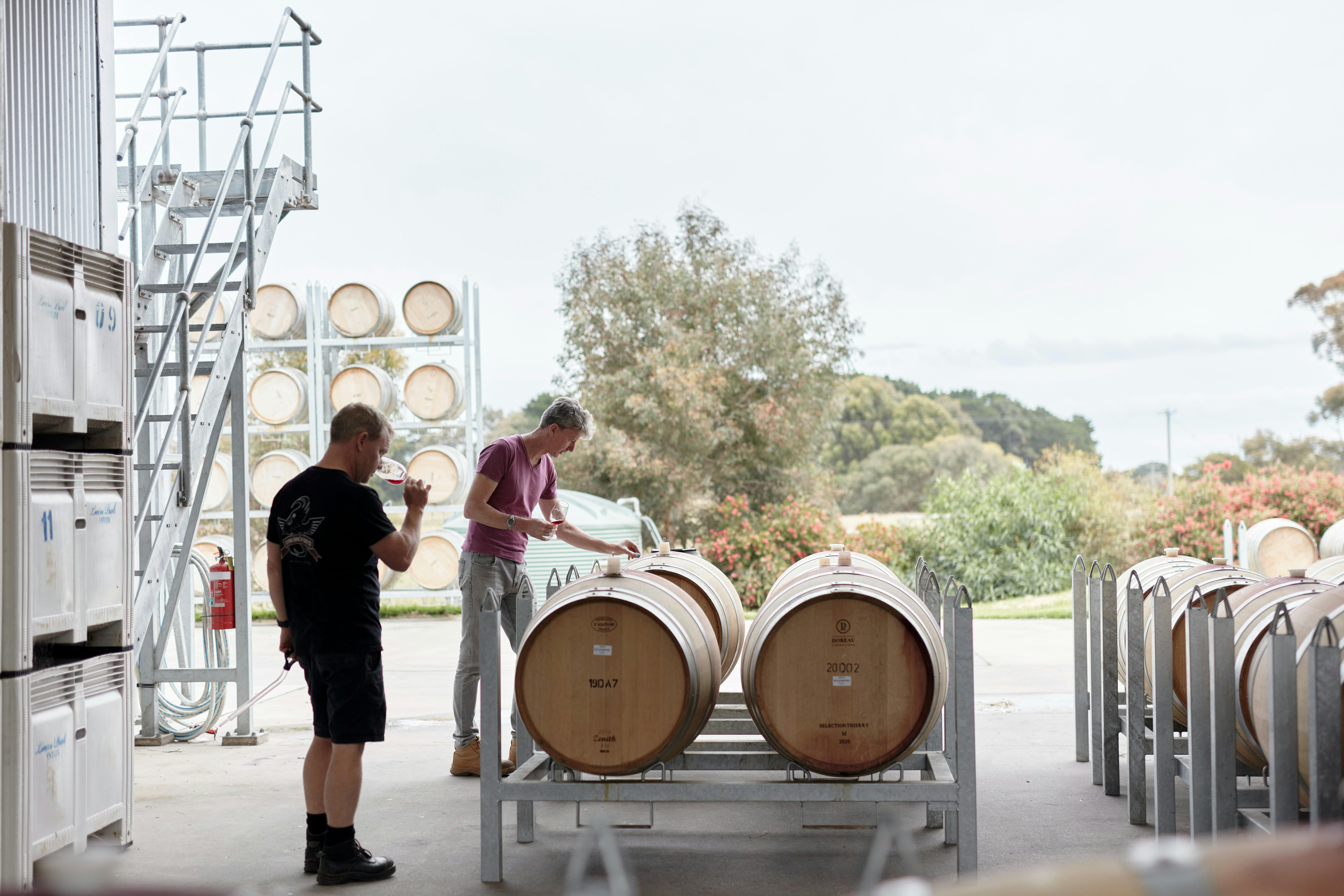 Two people standing over large wine barrels outside with a large tree in the background