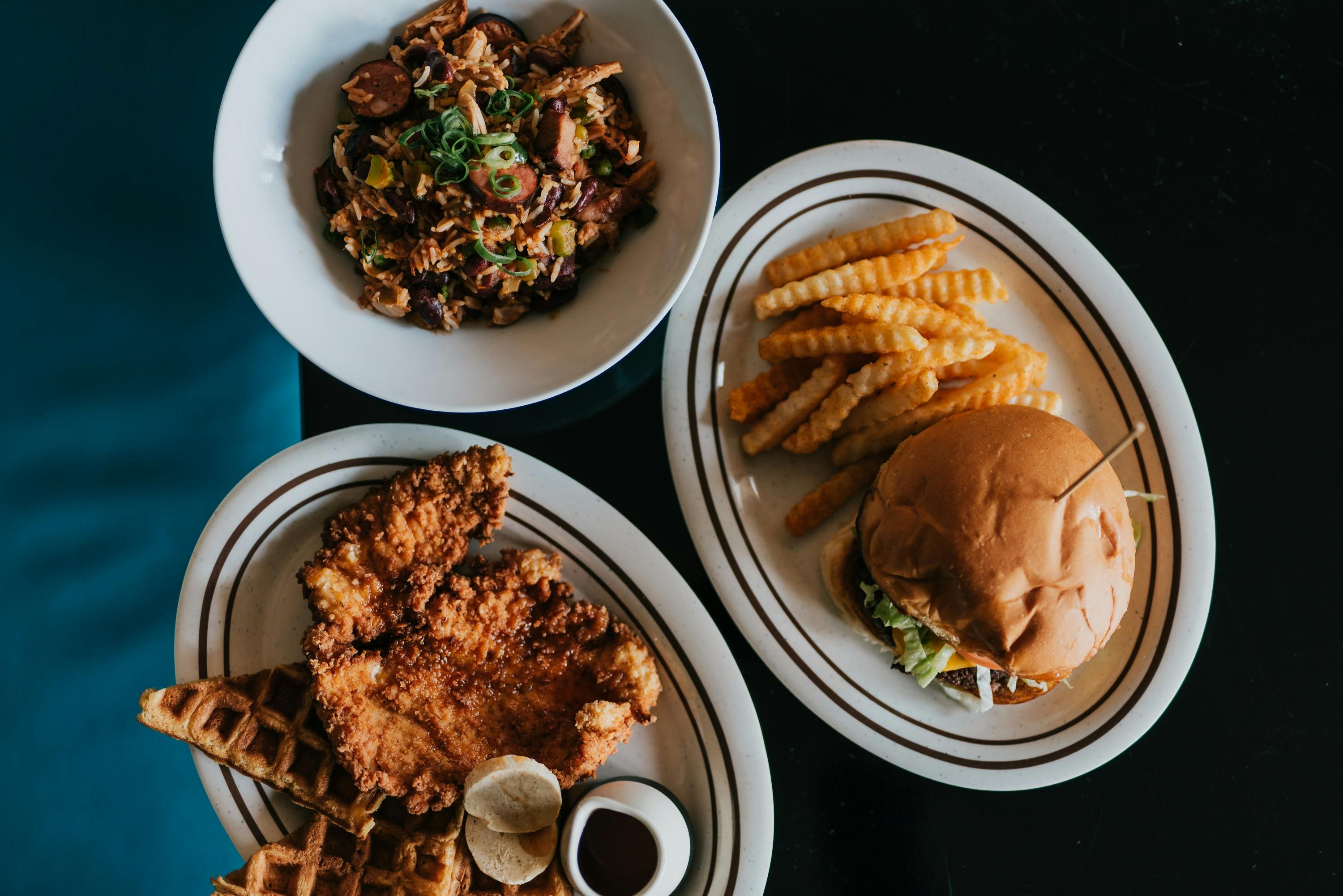 Chicken & Waffles, Jambaylaya, Cheeseburger