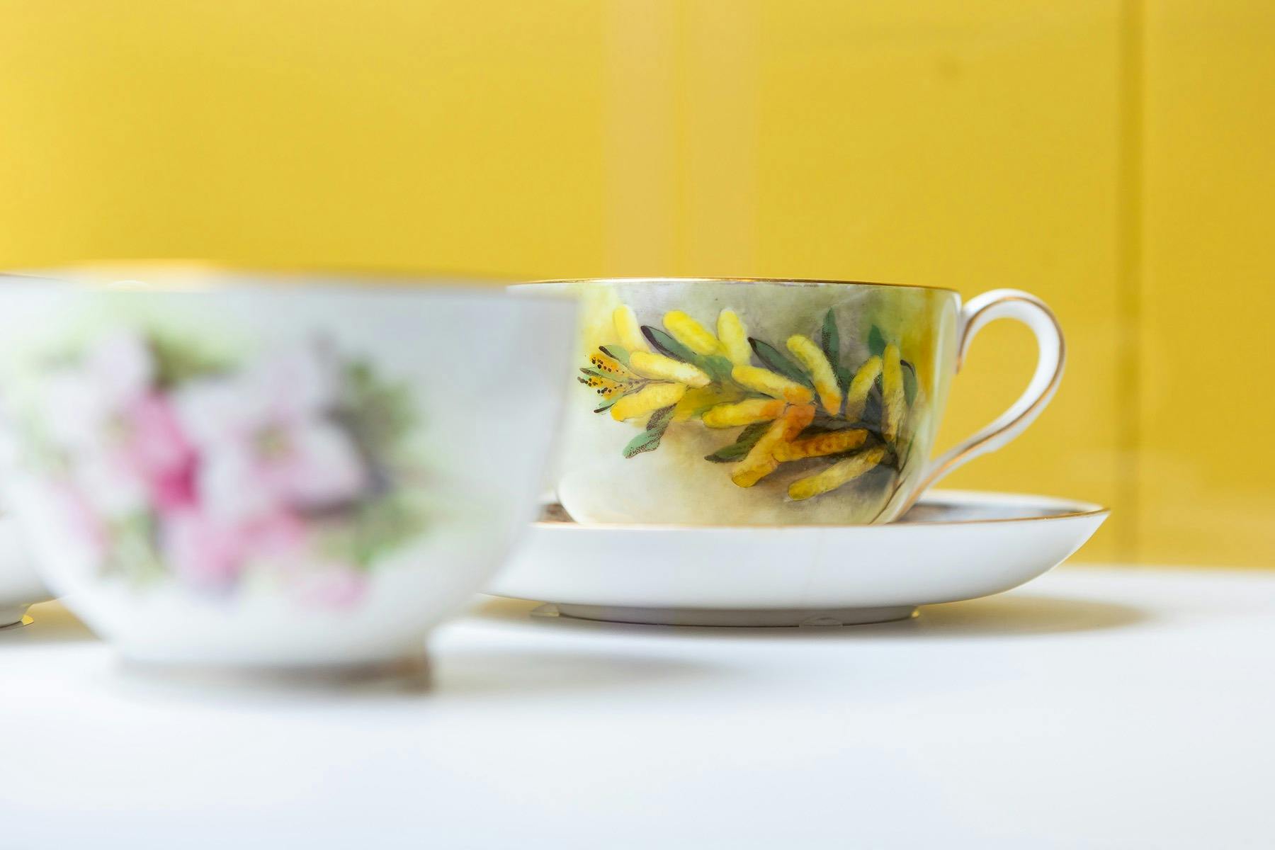 Botanical flowers painted on tea cups