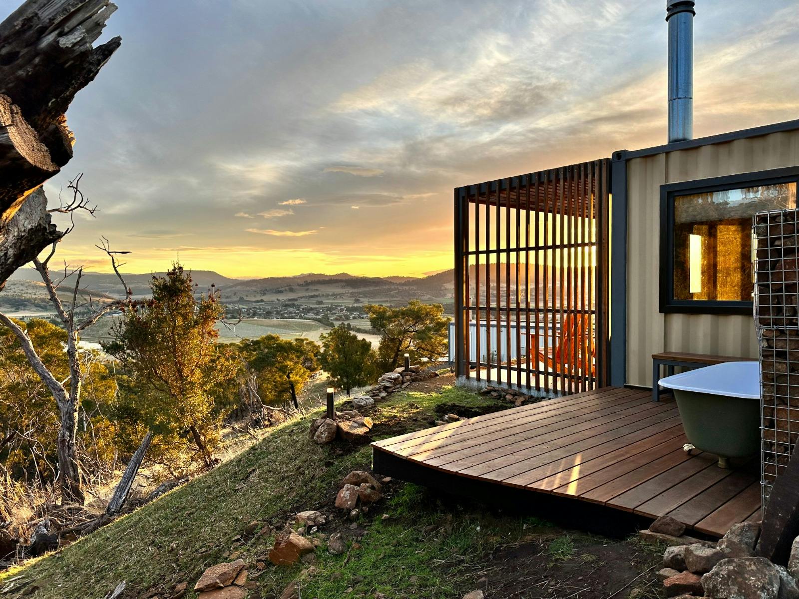 Eco-pod outdoor bath and view
