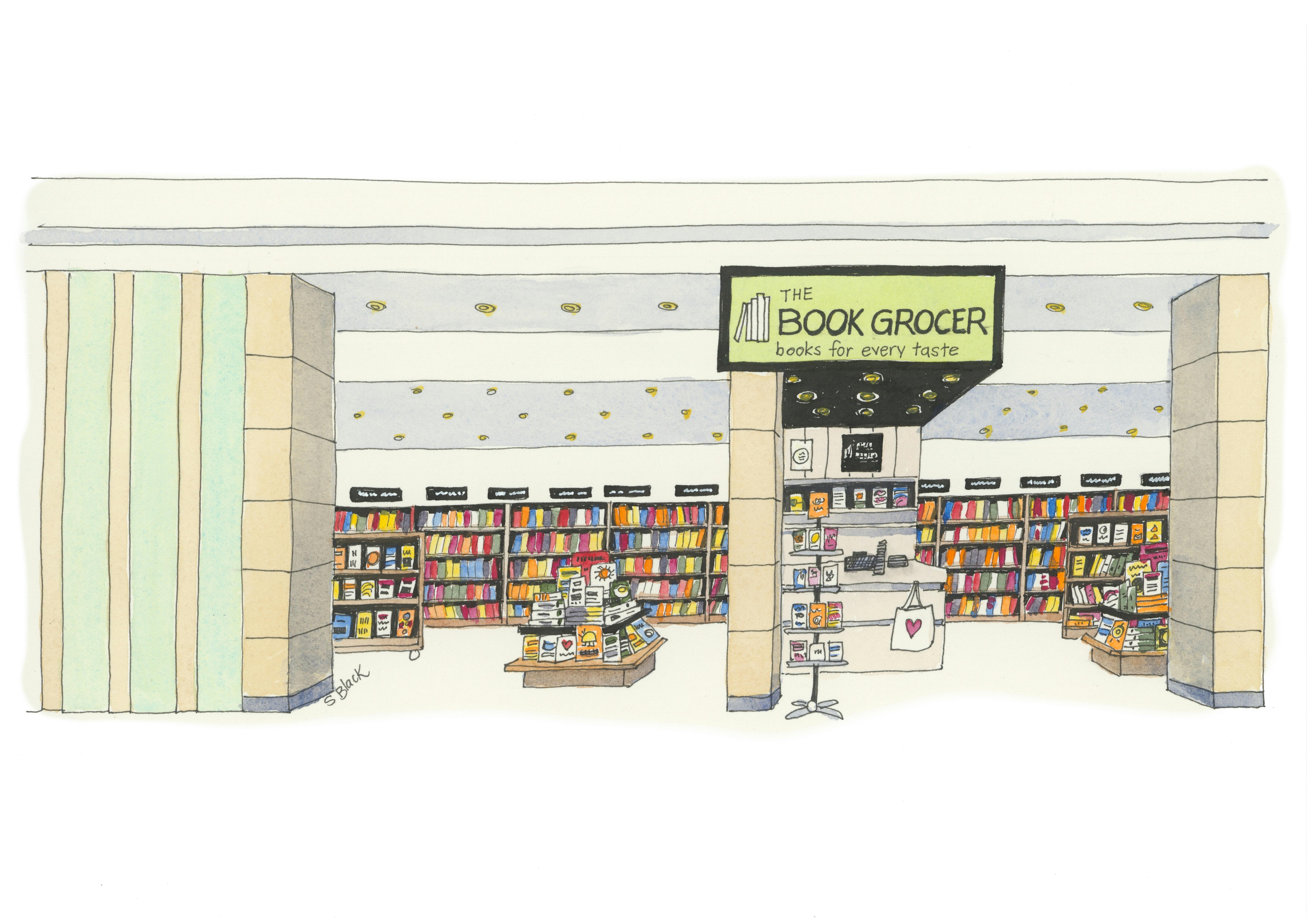 Illustration of a bookshop with text that reads "The Book Grocer"