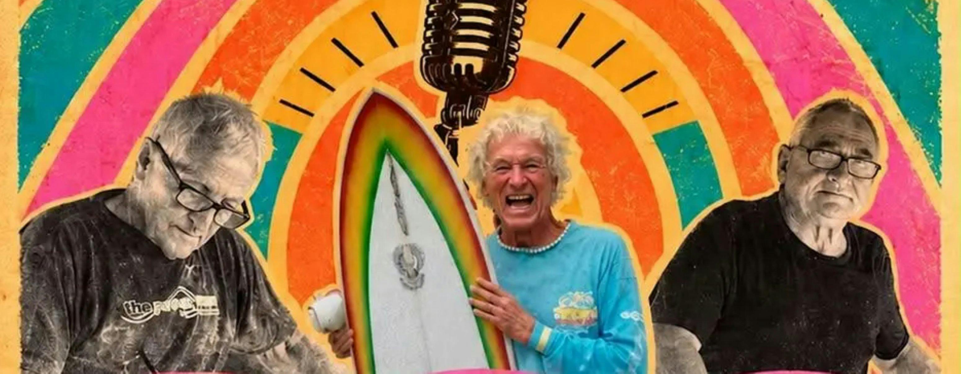 Bob Mctavish, Chris Brock and Gunther Rohn with retro rainbow background