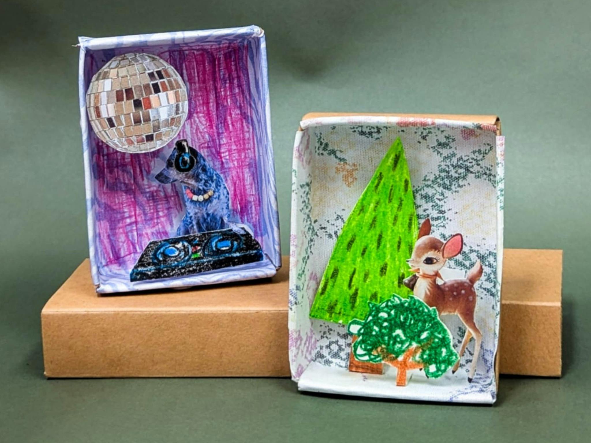 small matchbox dioramas with a disco dog and forest deer
