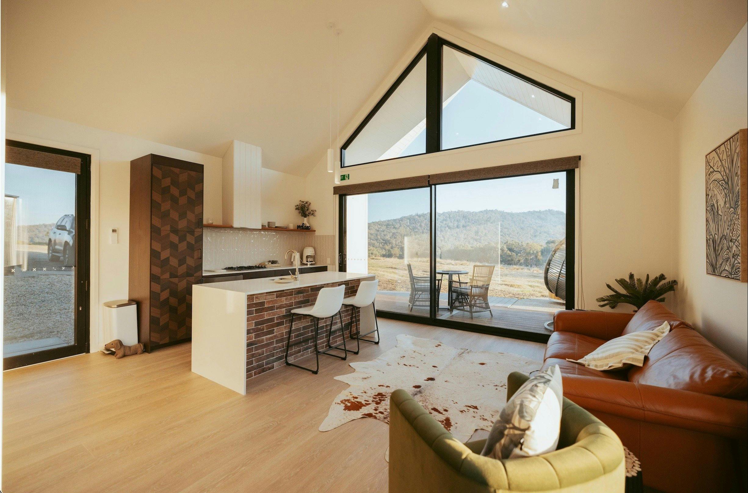 Indoor lounge area and kitchen