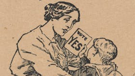 Child hands their mother a conscription flyer boasting 'Vote Yes'
