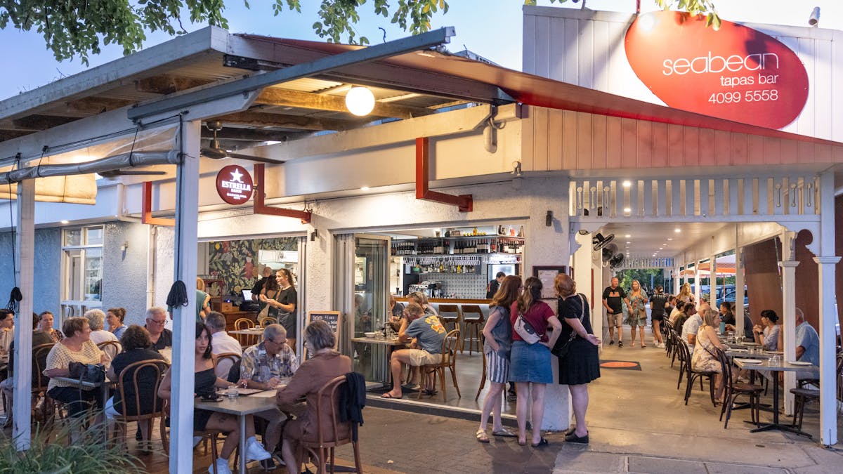 View from Warner Street of Seabean Tapas Bar Restaurant with guests dining