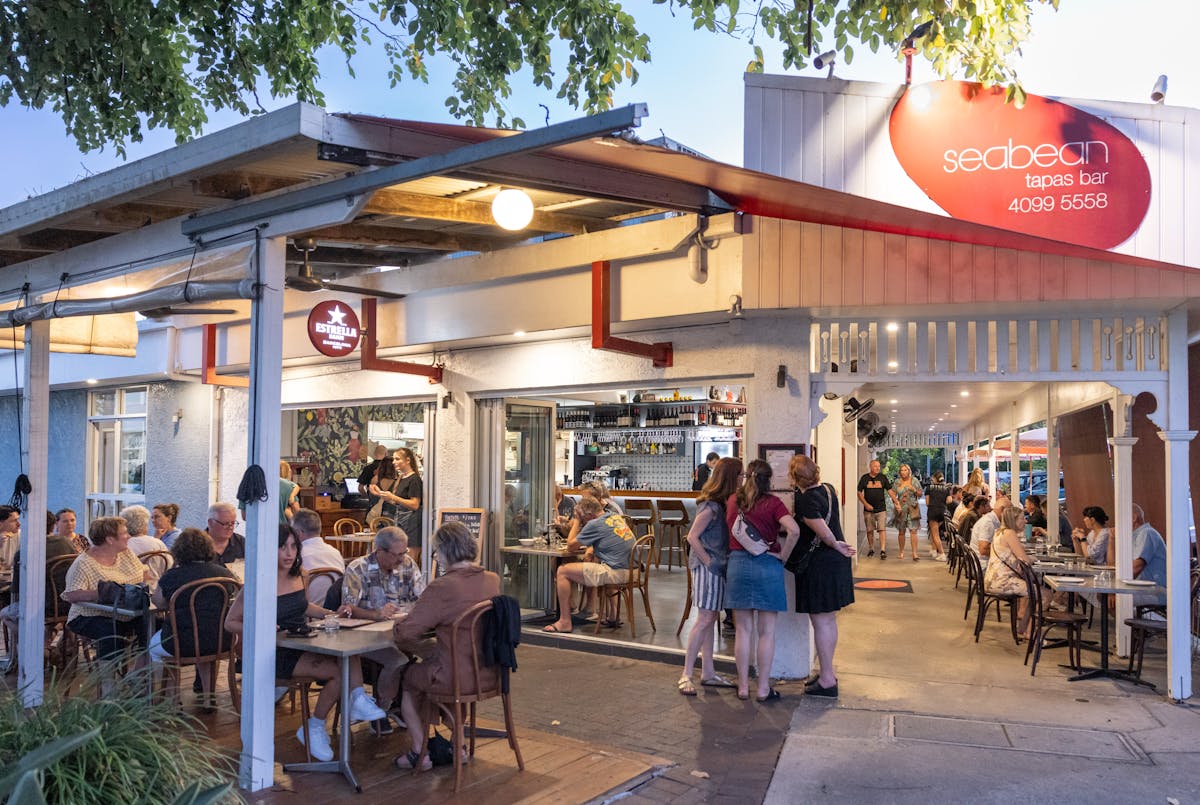 View from Warner Street of Seabean Tapas Bar Restaurant with guests dining