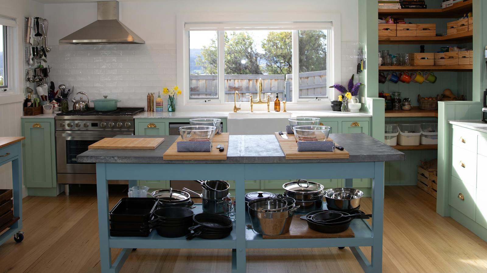 The kitchen at Florian Cottage, set up and ready for a hands-on cooking class in the Huon Valley