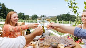 A group of four guests raise their sparkling glasses to a sunny day on the deck at Ashton Hills.