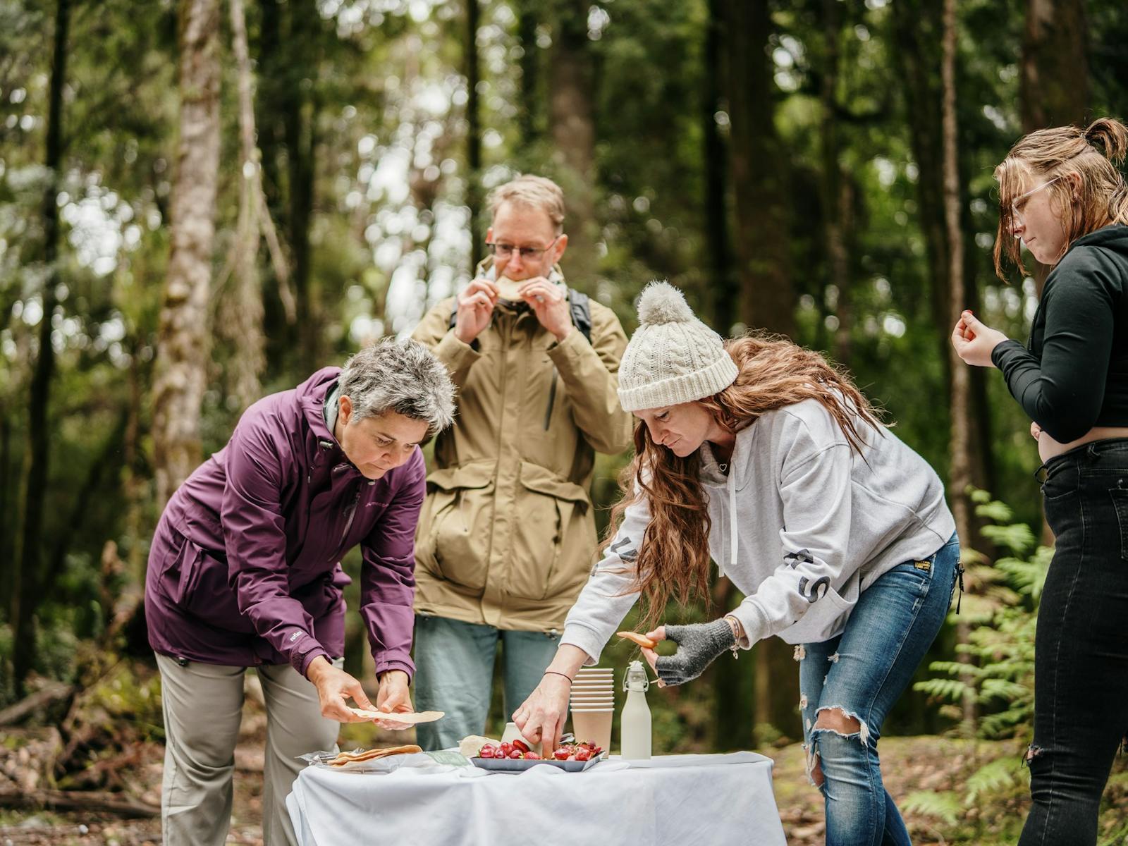 Tour group helping themselves to a cheese platter amidst the beautiful trees of the Tarkine