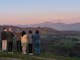 A group of people stand together on a hilltop, holding drinks and watching the sunset.