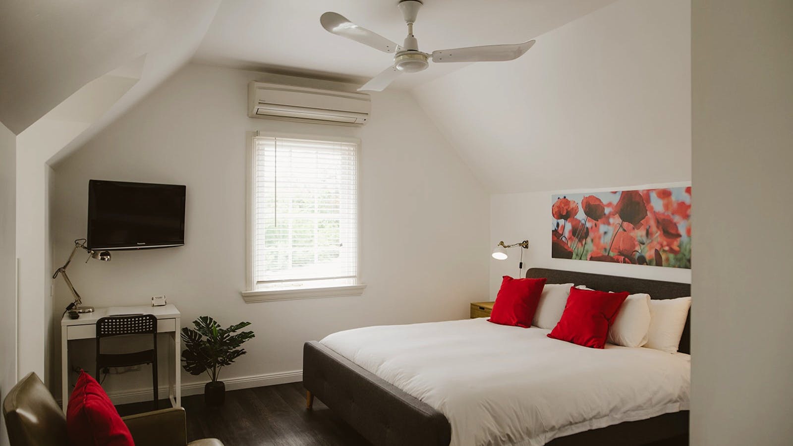 Modern Loft apartment with air conditioning, fan and opening windows looking out on the grounds