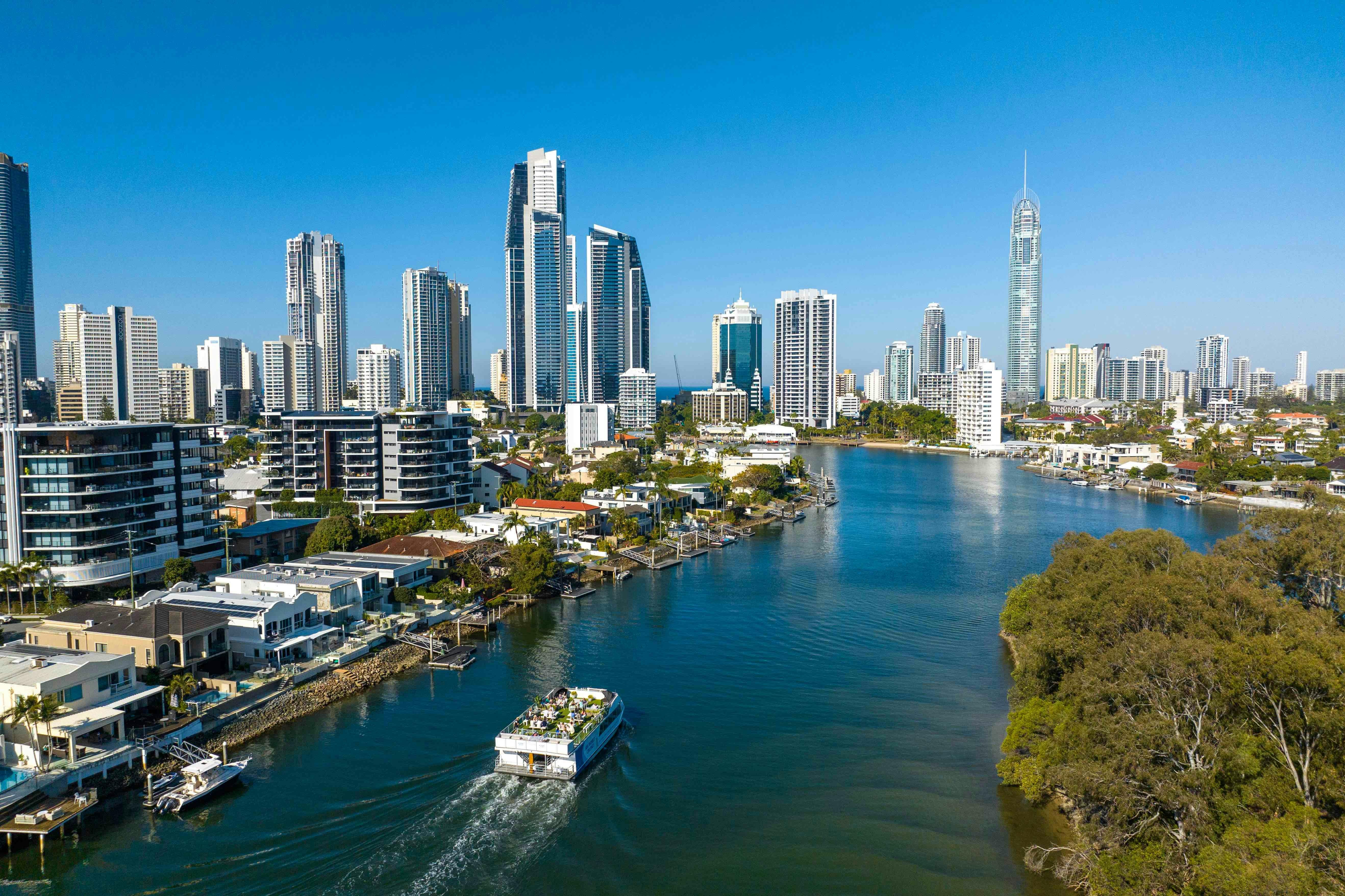 Spirit of Elston on the Nerang River with Surfers Paradise in the background