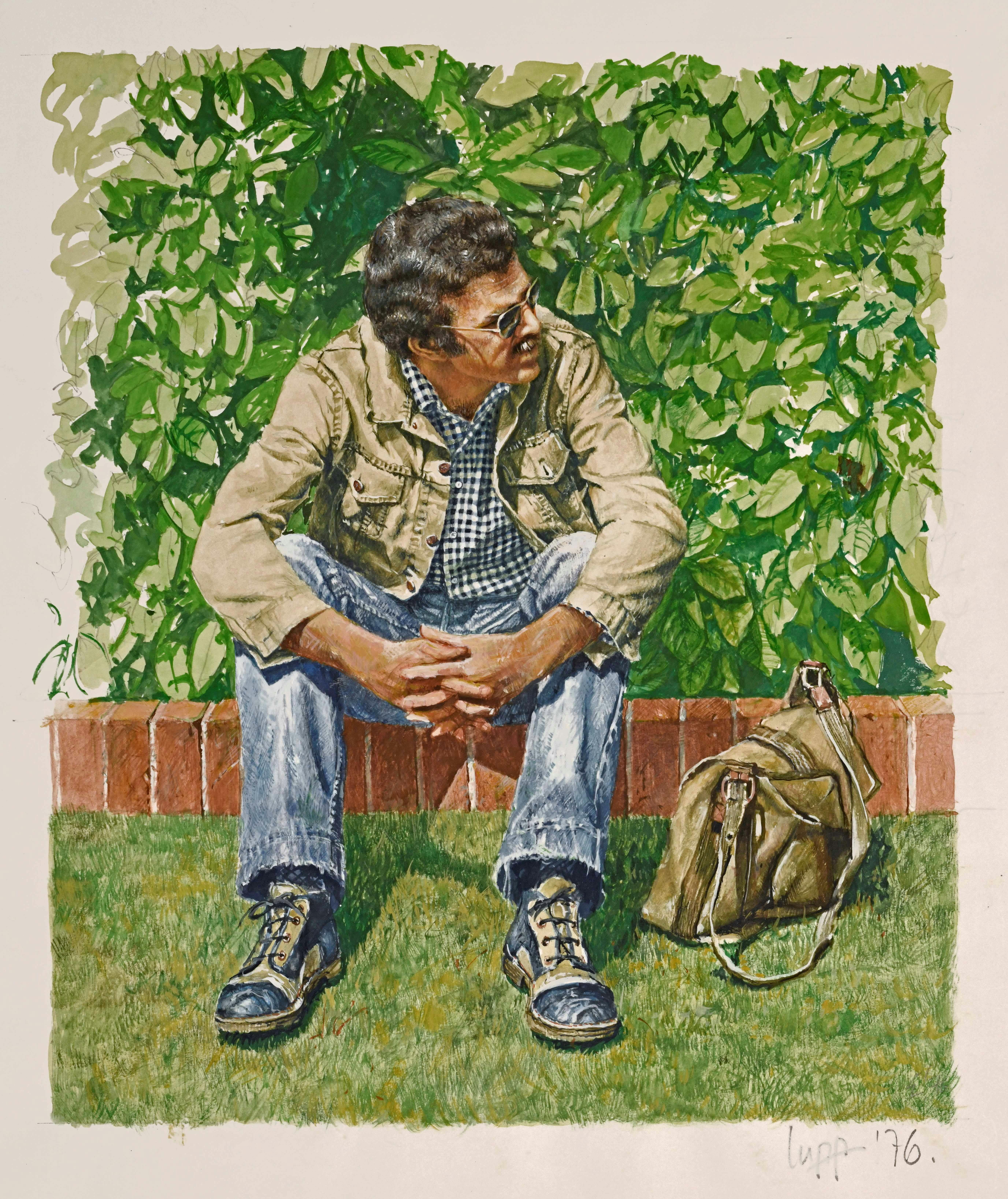 a man sitting on a brick fence looking to his left