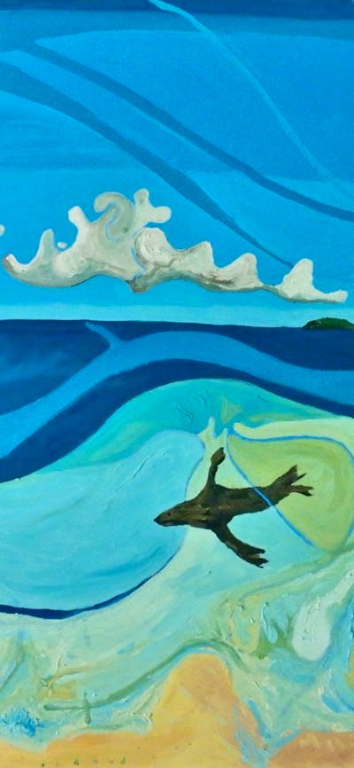 Stylised painting of beach with whale
