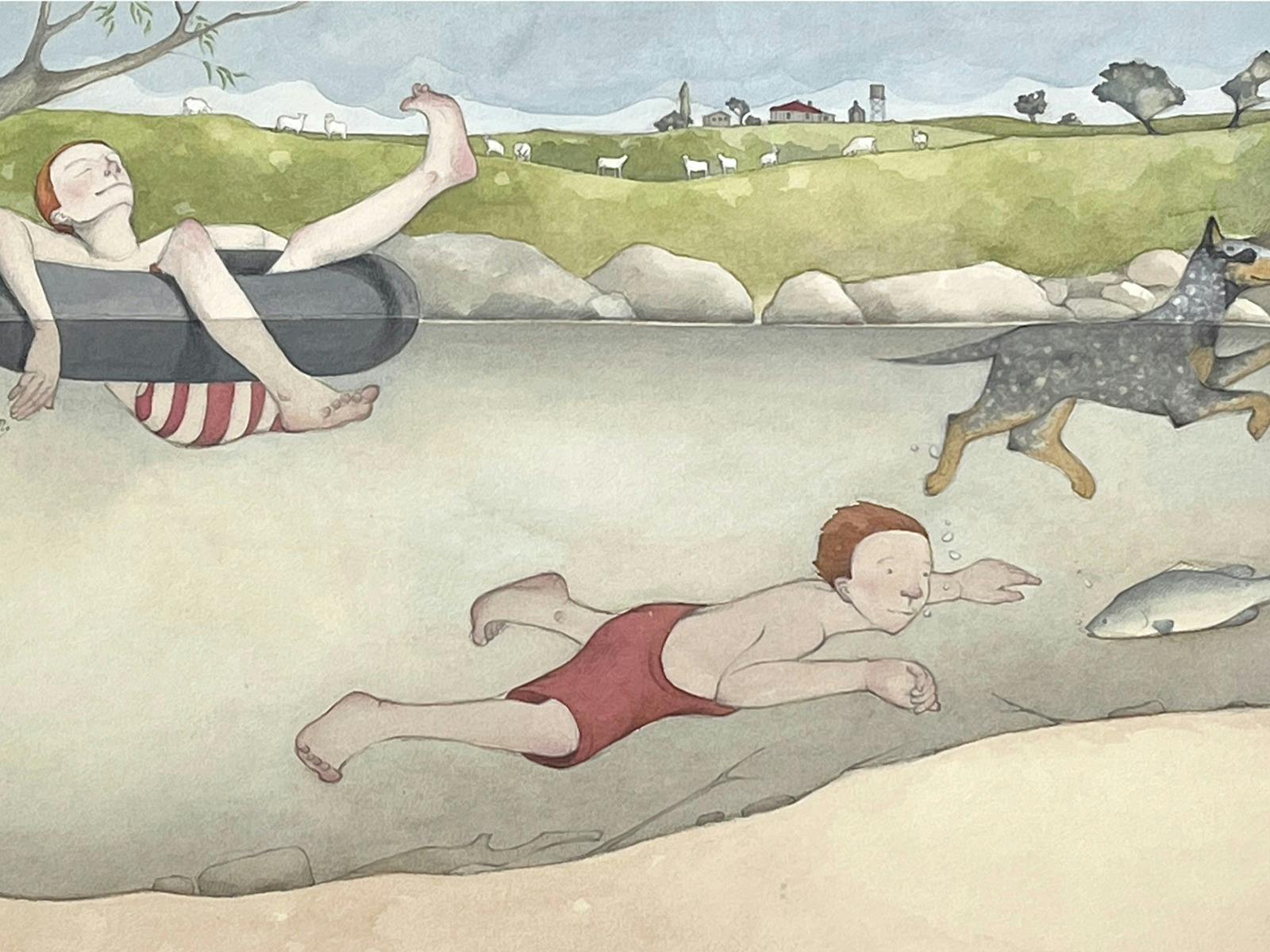 Illustration von Freya Blackwood – ein Junge treibt im Wasser, ein Junge schwimmt mit seinem Hund, Fische im Fluss