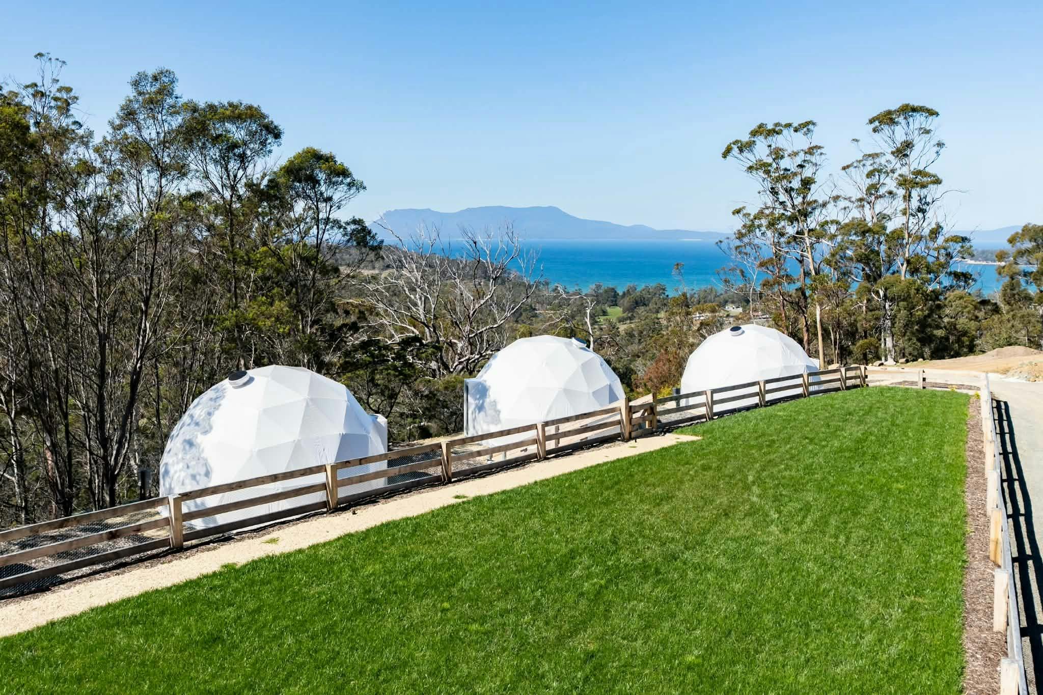 Glamping domes looking towards Maria Island