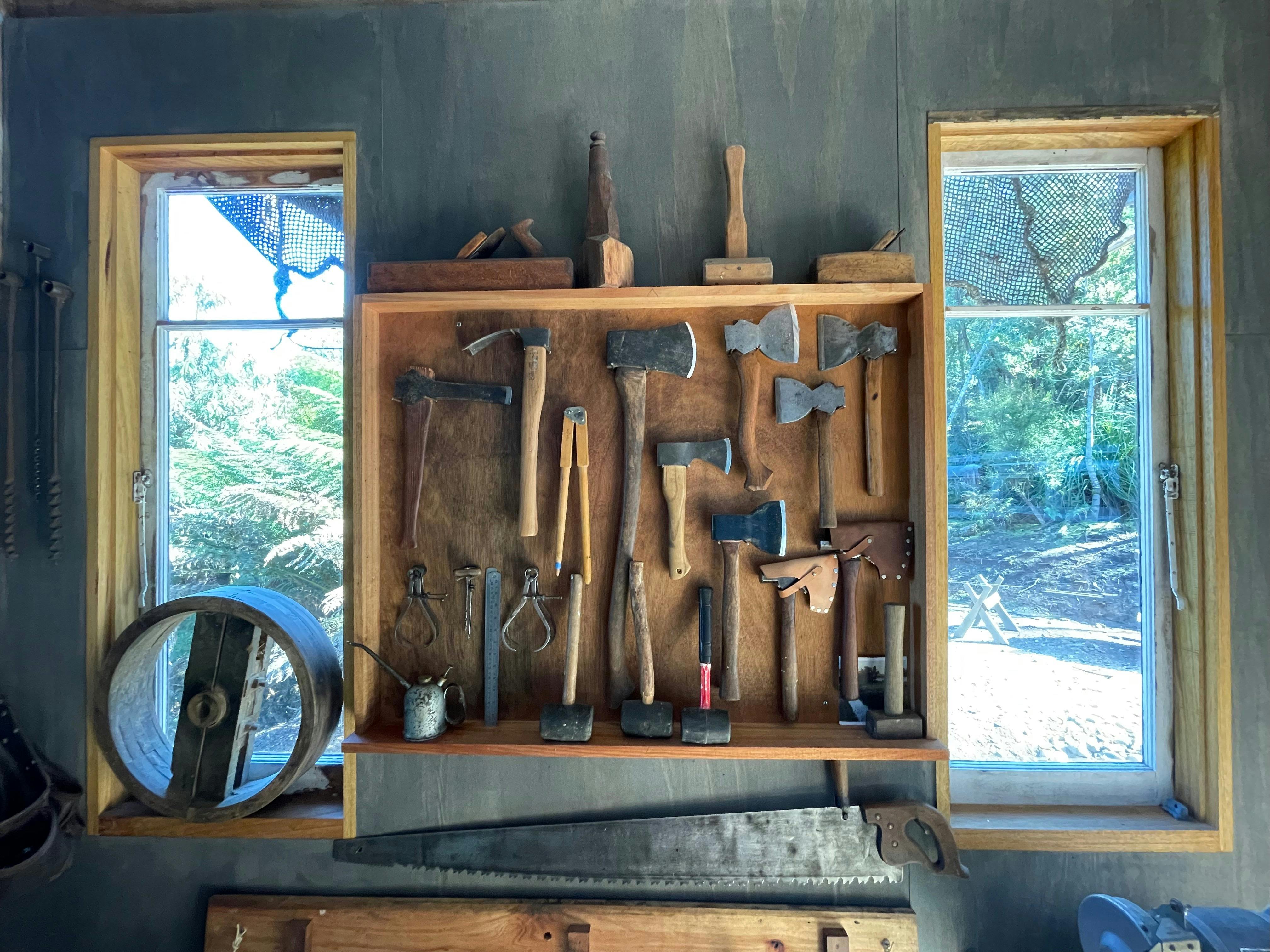 Hatchets, Adze, Mortising axe. Hand tools at Wisdom Through Wood. Old tools.