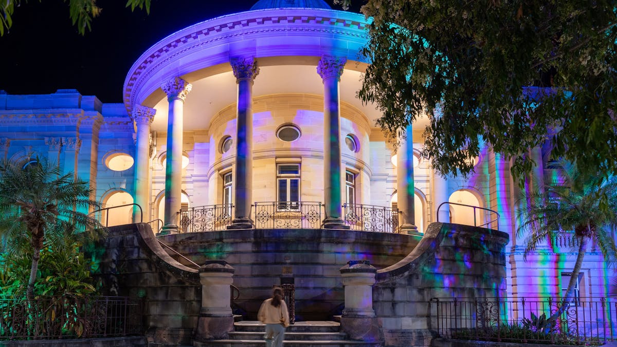 Luminous lights on the Customs House building at night