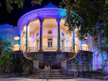 Luminous lights on the Customs House building at night
